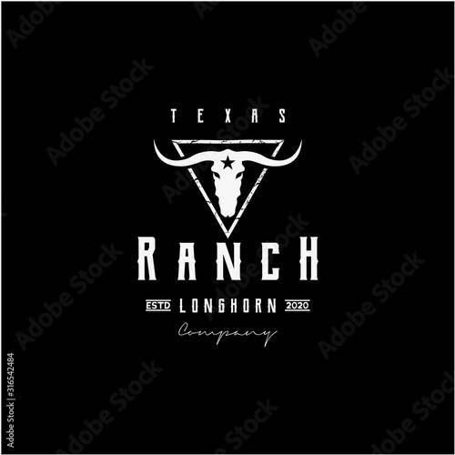 Texas Longhorn, Country Western Bull Cattle Vintage Retro Logo Design.