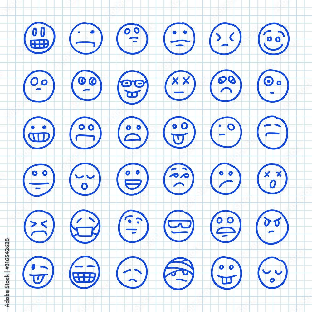 A Set of Emoji Icons Drawn by Hand on Squared Paper: Part 01. Vector Doodle Illustration. A Set of Emoji Icons Drawn by Hand on Squared Paper: Part 01. Vector Doodle Illustration.