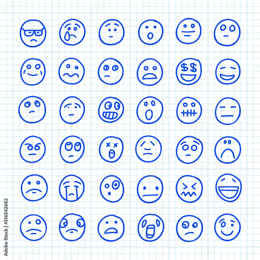 A Set of Emoji Icons Drawn by Hand on Squared Paper: Part 03. Vector Doodle Illustration. A Set of Emoji Icons Drawn by Hand on Squared Paper: Part 03. Vector Doodle Illustration.