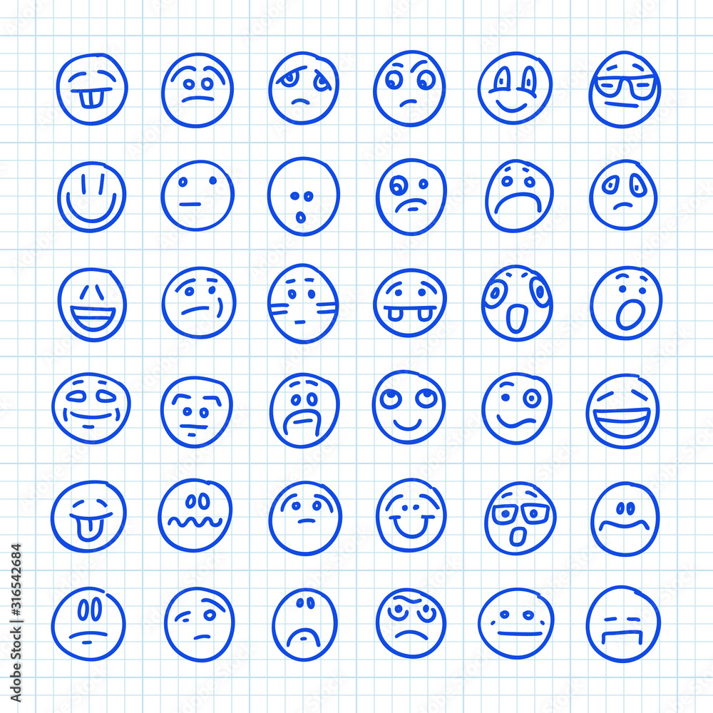 A Set of Emoji Icons Drawn by Hand on Squared Paper: Part 04. Vector Doodle Illustration. A Set of Emoji Icons Drawn by Hand on Squared Paper: Part 04. Vector Doodle Illustration.