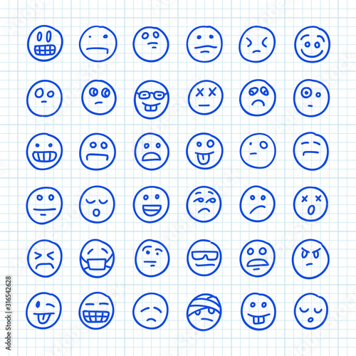 A Set of Emoji Icons Drawn by Hand on Squared Paper: Part 01. Vector Doodle Illustration.