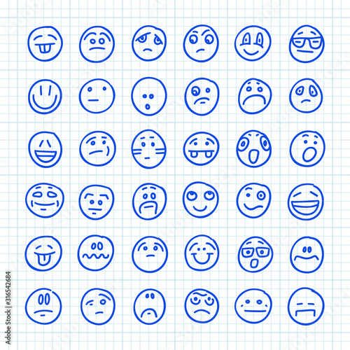 A Set of Emoji Icons Drawn by Hand on Squared Paper: Part 04. Vector Doodle Illustration.