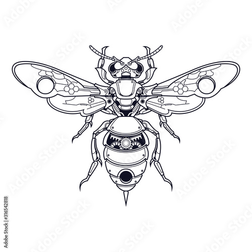 mechanical bee steampuk illustration, tshirt design and coloring book