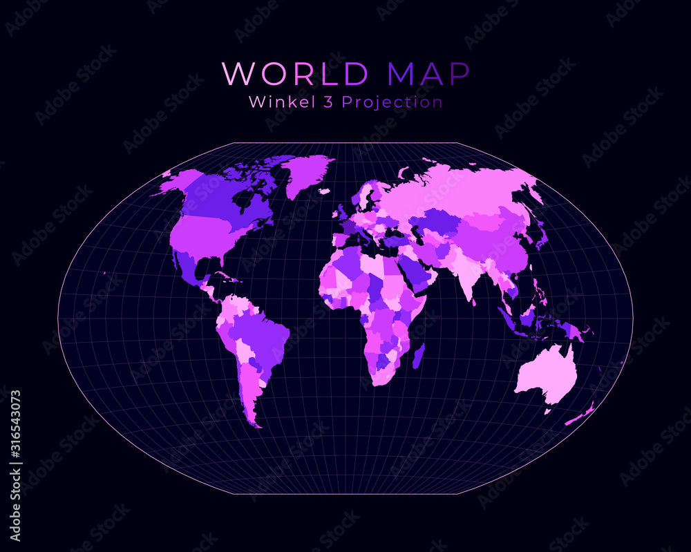 Winkel tripel projection. Digital world illustration. Bright pink neon colors on dark background. Neat illustration. Vector | Adobe Stock