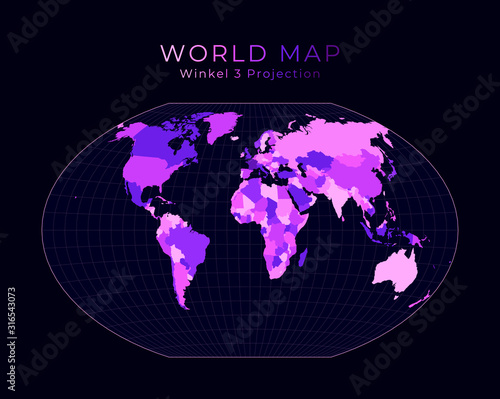 World Map. Winkel tripel projection. Digital world illustration. Bright pink neon colors on dark background. Neat vector illustration.