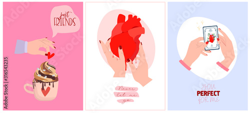 Set of cute romantic greeting cards for Valentines Day. Romantic typography and elements perfect for prints. Editable vector illustration.