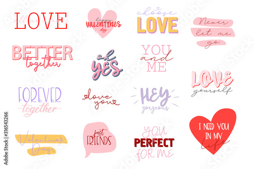 Set of cute romantic typography quotes for Valentines Day. Romantic typography perfect for prints. Editable vector illustration.