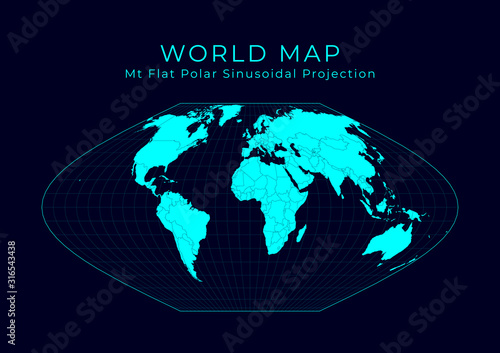 Map of The World. McBryde-Thomas flat-polar sinusoidal equal-area projection. Futuristic Infographic world illustration. Bright cyan colors on dark background. Captivating vector illustration.