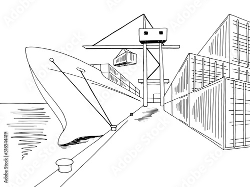 Port loading dry cargo ship graphic black white sea landscape sketch illustration vector