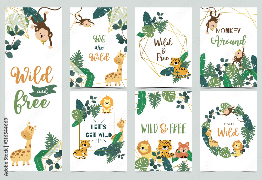 Fototapeta premium Collection of safari background set with giraffe,leopard,monkey,lion.Editable vector illustration for birthday invitation,postcard and sticker.Wording include wild and free