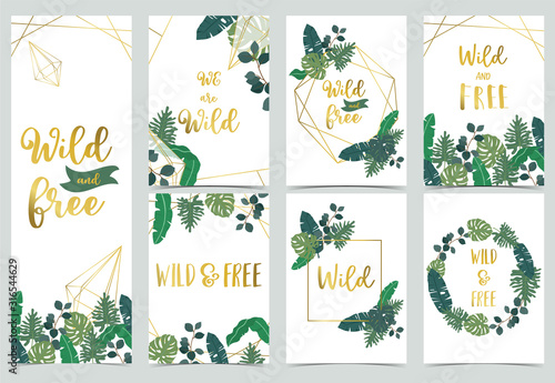 Collection of jungle background set with leaf.Editable vector illustration for birthday invitation,postcard and sticker.Wording include wild and free
