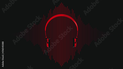 Wireless headphones on the background equalizer. Red-black illustration.