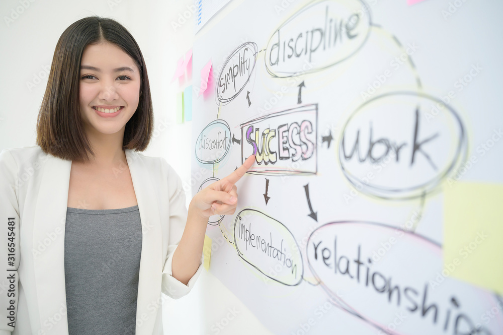 Beautiful young asian business woman hand pointing the word Beautiful young asian business woman hand pointing the word