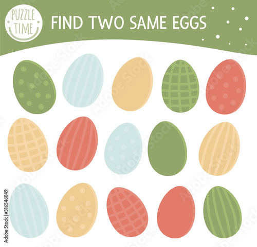 Find two same colored eggs. Easter matching activity for preschool children. Funny spring game for kids. Logical quiz worksheet..