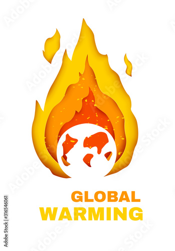 Global Warming concept banner. Color fire in paper cut style with silhouette of earth planet. Vector illustration.