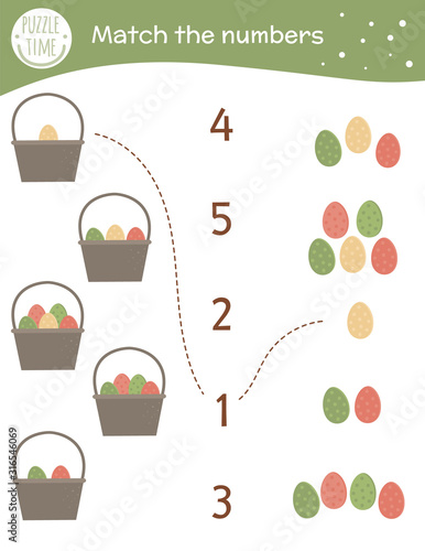 Matching game with baskets and colored eggs. Easter math activity for preschool children. Spring counting worksheet. Educational riddle with cute funny elements..