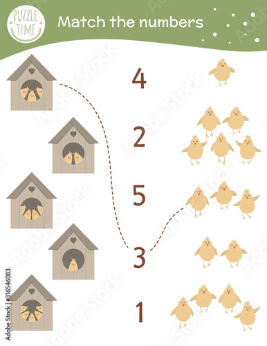 Matching game with starling-houses and cute chicks. Easter math activity for preschool children. Spring counting worksheet. Educational riddle with funny birds..