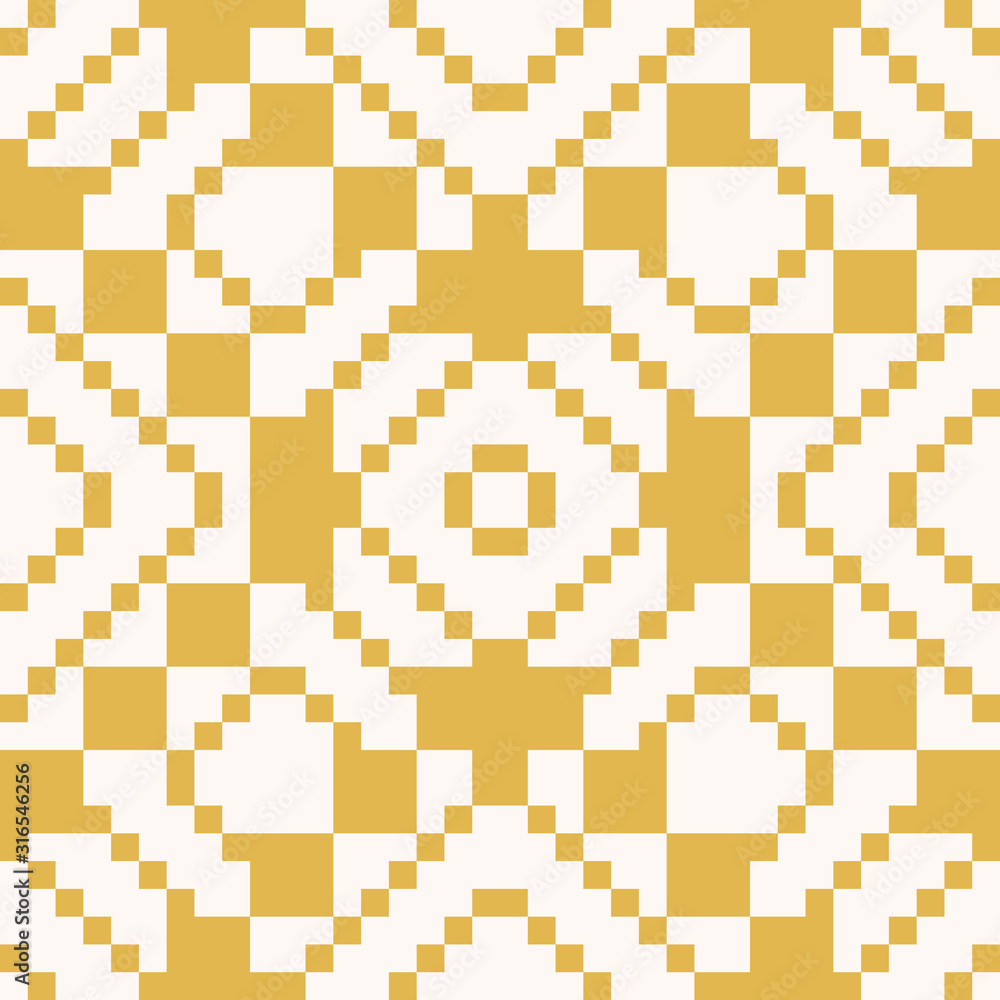 Vector geometric traditional folk ornament. Ethnic tribal seamless pattern. Repeat ornamental background with small squares, crosses, rhombuses. Texture of embroidery, knitting. Yellow and white color