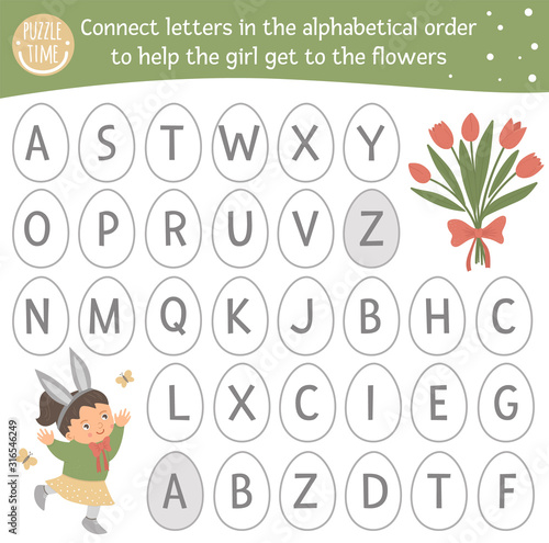 Easter ABC game with cute characters. Spring alphabet maze activity for preschool children. Choose letters from A to Z to help the girl get to the flowers..