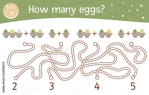 Easter math maze for children. Preschool spring activity. Educational addition riddle. Funny mathematic puzzle game with holiday symbols. Cute counting worksheet. How many eggs?.