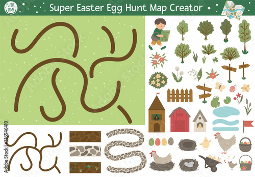Easter egg hunt map creator. Set of flat cartoon elements for constructing spring activity. Vector garden clip art with seamless brushes for paths. .