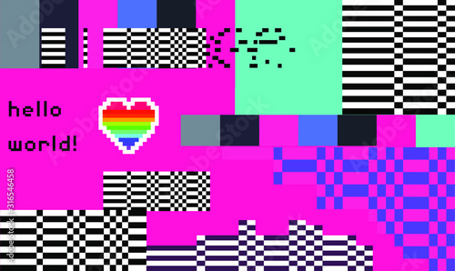 Webpunk style glitched background with VHS artifacts, random pixel noise. Vaporwave and retrowave aesthetics of 80's.