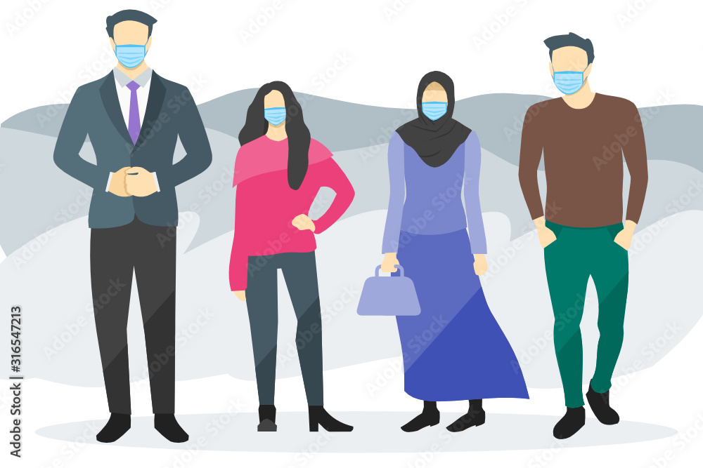 Group of people wearing masker to avoid breathing smoke done by forest fire vector illustration design. Life and healthy element.  Can be used for web and mobile development. Suitable for infographic