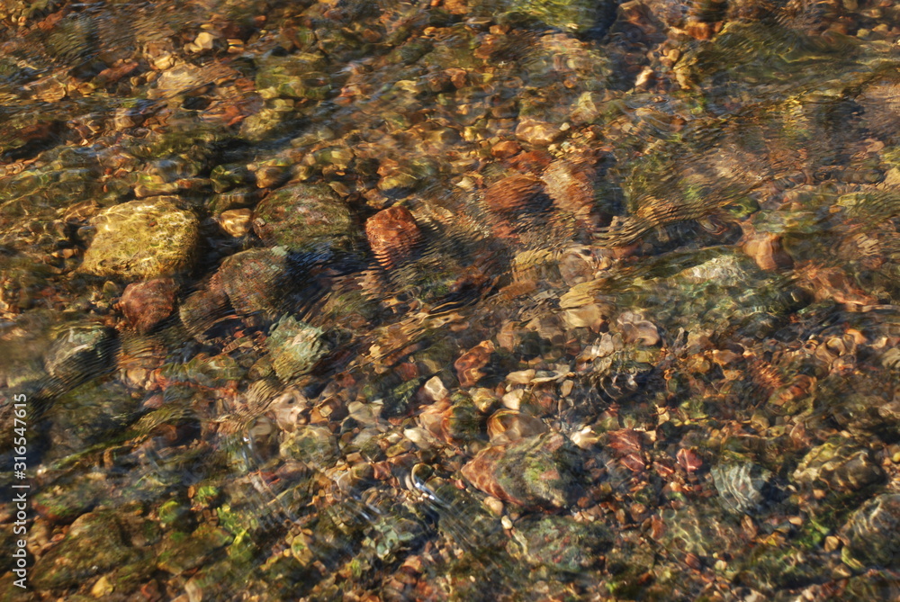 Soft wavy water river with flowing water above the stones. Transparent water with sand and stones. Soft wavy water river with flowing water above the stones. Transparent water with sand and stones.