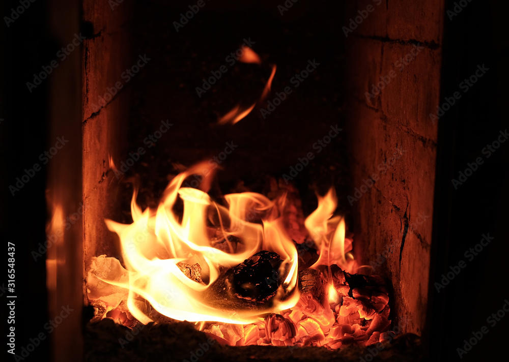 Charcoal Fire Wood Burning Wood And Coal In Fireplace Stock Photo