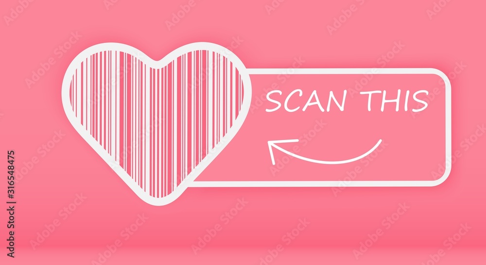 Bar code with a heart in the middle on a pink background. The code contains the phrase I love you . When publishing, consider this.