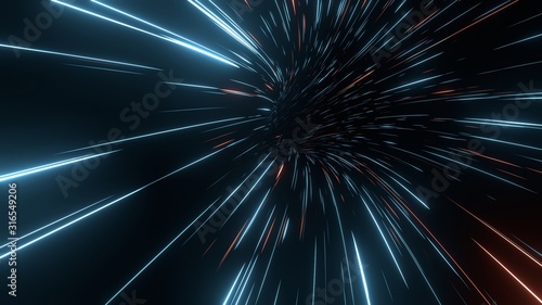 3D Rendering of abstract fast moving stripe lines with glowing sun light flare. High speed motion blur. Concept of leading in business, Hi tech products, warp speed wormhole science.