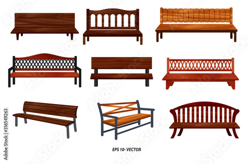 set of realistic bench wood garden or street bench seat or bench cartoon. easy to modify