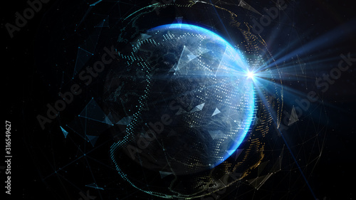 Fototapeta Naklejka Na Ścianę i Meble -  The sun's rays over earth in outer space. Global world network and telecommunication on earth. Elements of this image furnished by NASA - 3d illustration.