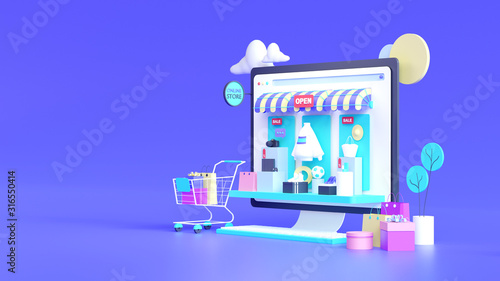 Shopping on-line online store on website mobile application 3d rendering