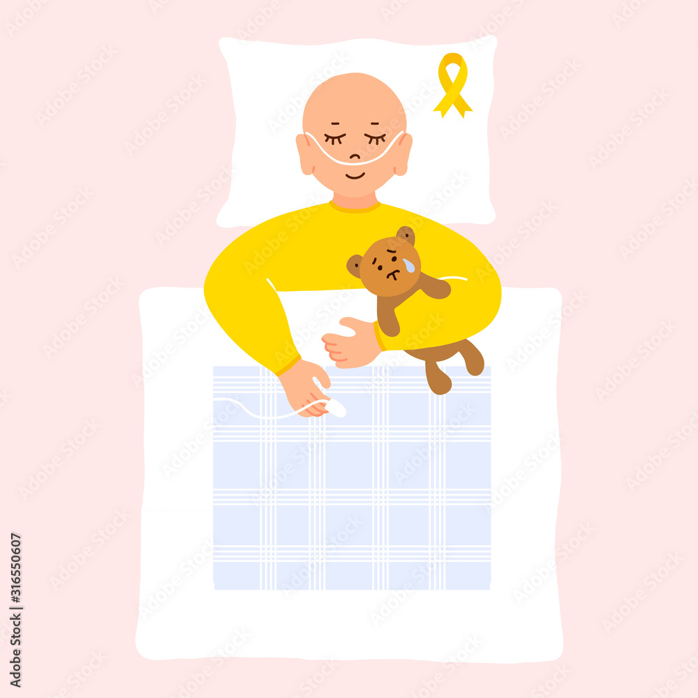 Childhood Cancer Day. A little boy with cancer is sleeping in an ...