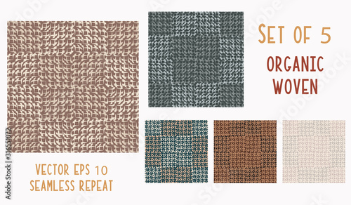 Hand drawn woven linen texture seamless pattern. Vector doodle organic criss cross weave marks background. Loose squiggle line fabric abstract. Natural homespun earth brown textile all over print set