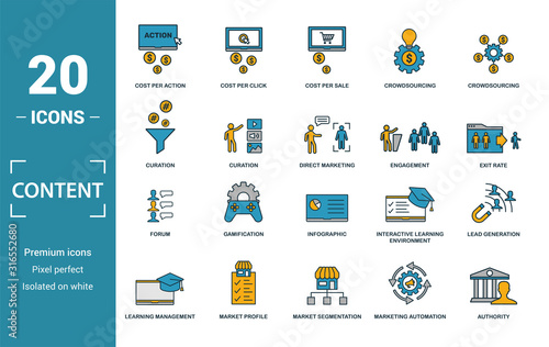 Content icon set. Include creative elements cost per click, crowdsourcing, curation, exit rate, gamification icons. Can be used for report, presentation, diagram, web design