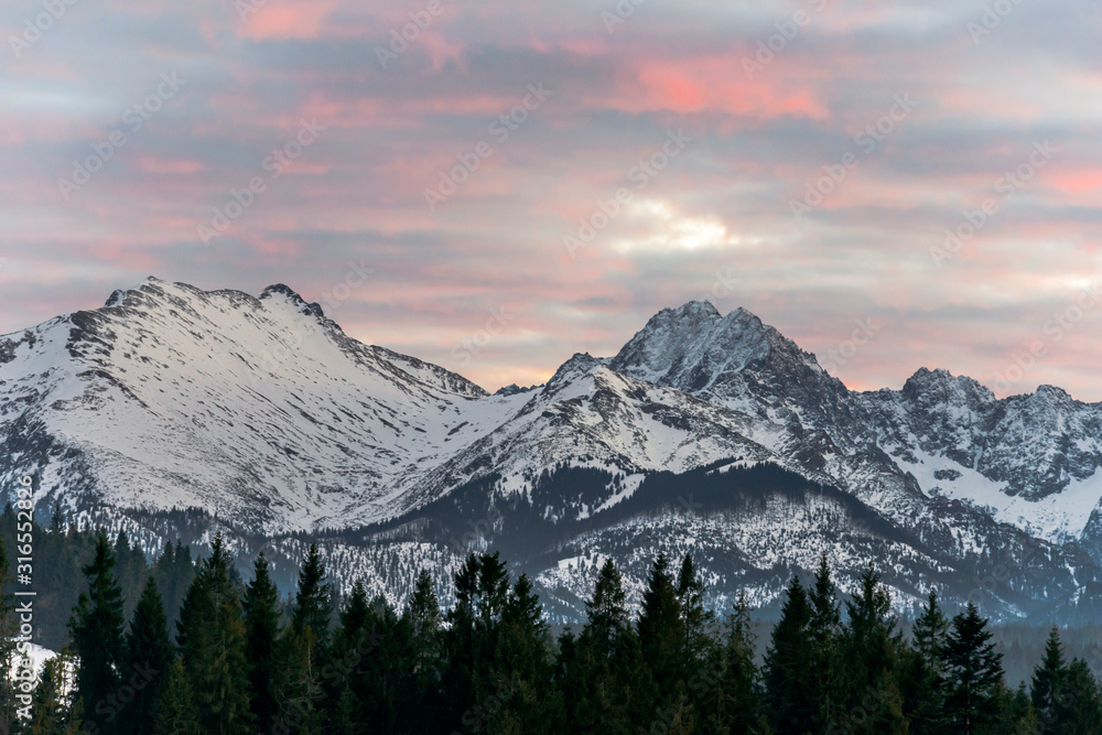 Views on Tatra Mountain in winter scenery from Zab Village