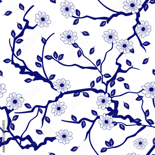 Oriental floral pattern. Blue and white ceramic background. Chinese porcelain painting. Hand drawing.  Great for wallpaper, gifts, textile, silk, packaging design.