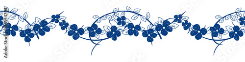 Ceramic blue and white floral frame border seamless pattern. Hand draw porcelain background and borders. Great for fabric, packaging, wallpaper, invitations.