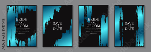 Set of modern grunge luxury wedding invitation design or card templates for business or presentation or greeting with silver text and blue metallic paint brush strokes on a black background.