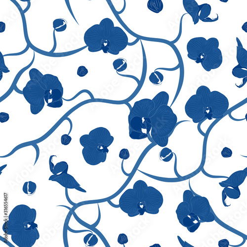 Chinese seamless  porcelain floral pattern background with blue orchids. Exotic tropical flowers. Great for wallpaper, gifts, textile, silk, packaging design.
