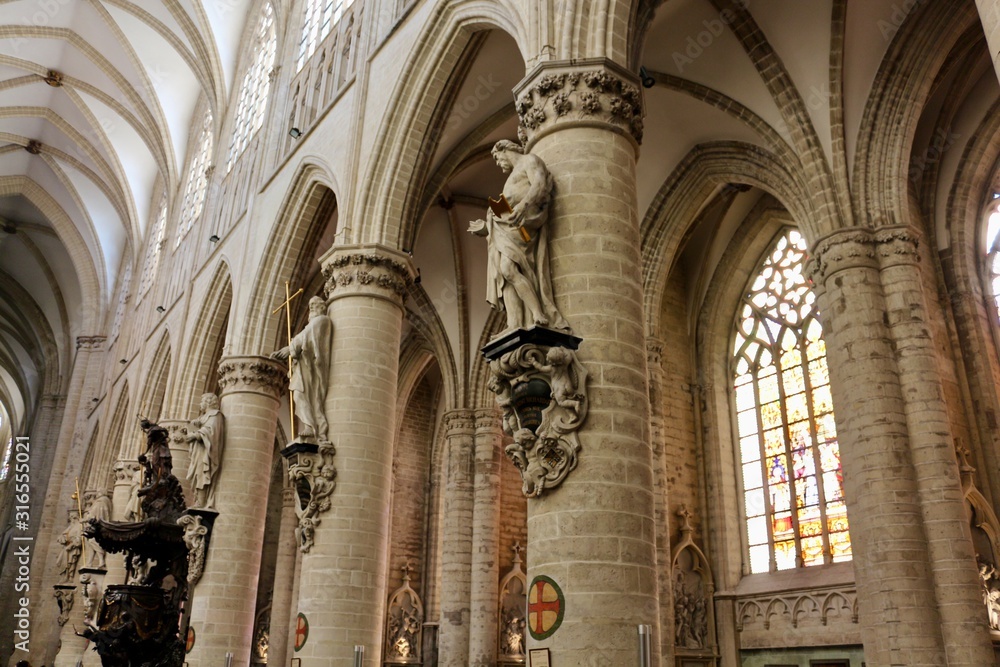 Interior of Cathedral of St. Michael and St. Gudula,  Roman  Catholic church in Brussels, Belgium. 
