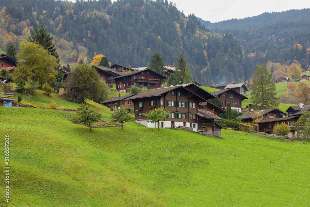 Interlaken,Switzerland-October 19,2019:view of wood and vintage village near interlaken train station at Switzerland