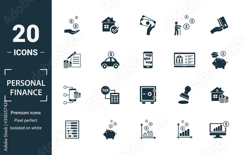 Personal Finance icon set. Include creative elements personal income, personal loan, budgeting, online banking, digital wallet icons. Can be used for report, presentation, diagram, web design