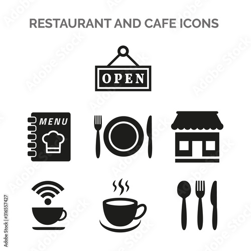Restaurant and cafe icons set on white background.