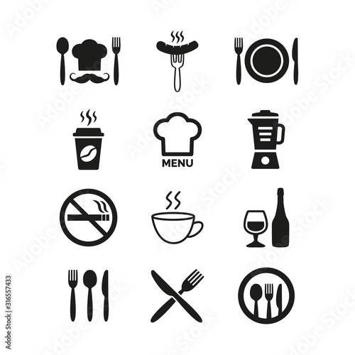 Restaurant and cafe icons set on white background.