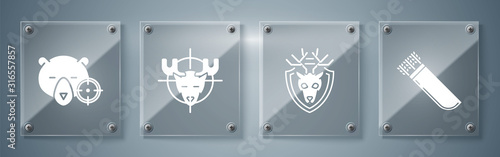 Set Quiver with arrows, Deer head with antlers on shield, Hunt on moose with crosshairs and Hunt on bear with crosshairs. Square glass panels. Vector