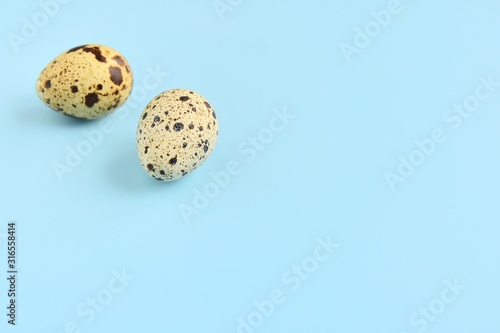 Speckled quail eggs for Easter holiday on neutral light blue background. Raw organic quail egg. Easter eggs. Ingredients for healthy protein breakfast. Keto diet. Easter background traditional symbol 