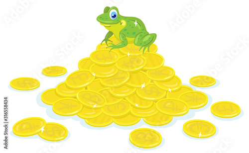 Funny frog is sitting on a mountain of gold coins. In cartoon style. Isolated on white background. Vector illustration.
